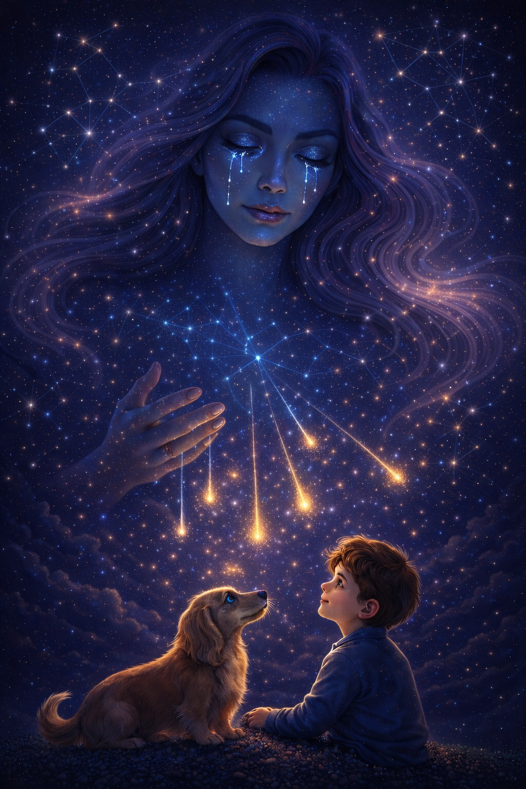 James and Oliver gazing at a celestial cosmic figure with flowing starry hair